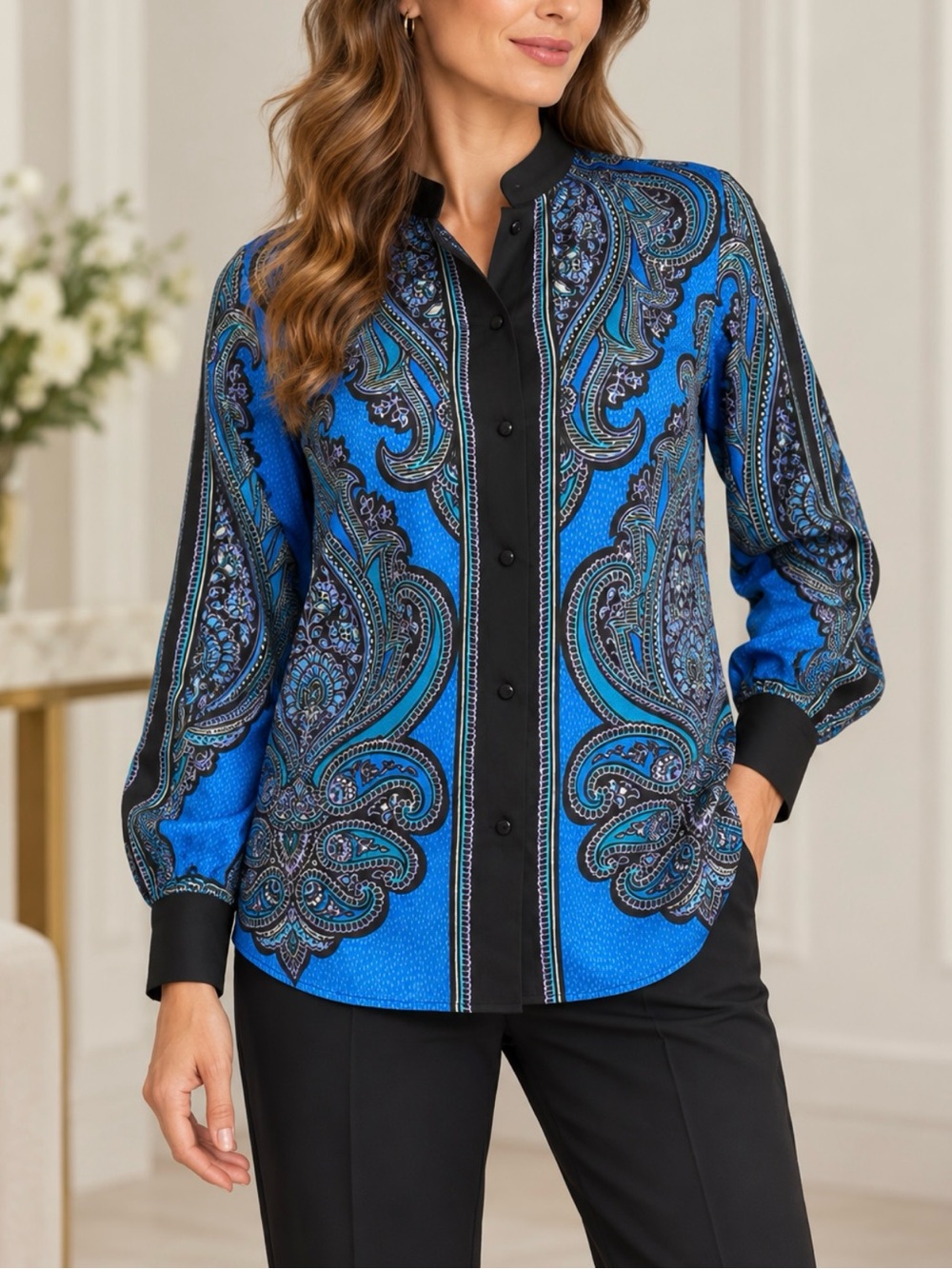 Bob Mackie Wearable Art Blue Black Paisley Button Front Blouse S Statement Print